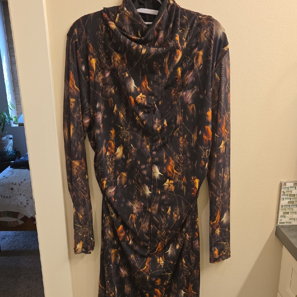 Women’s Long Sleeve Cowl Neck Dress in Black and Orange